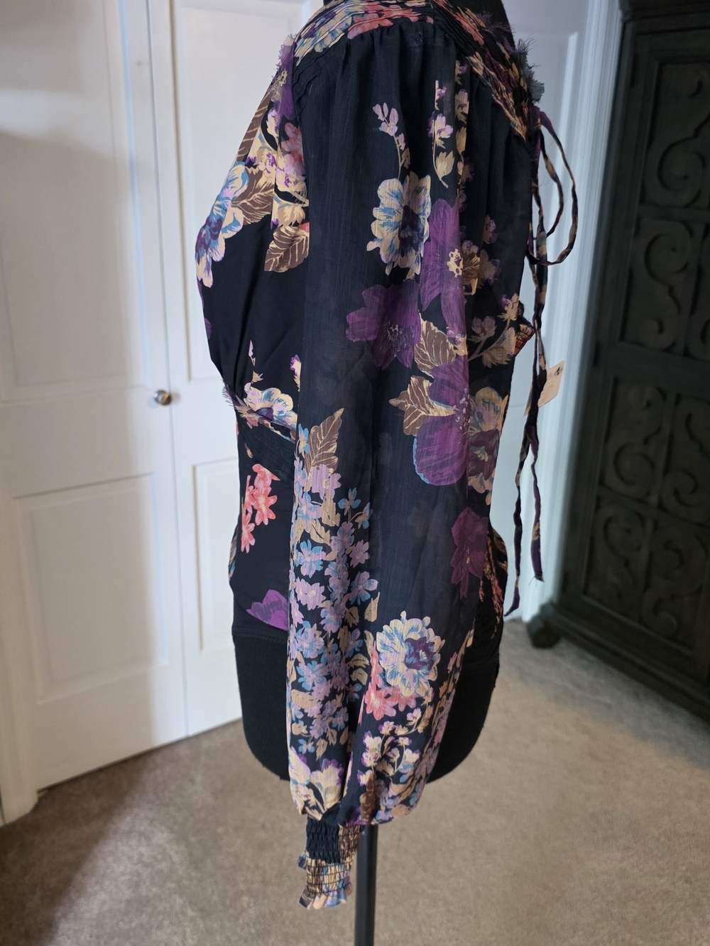 Free People NWT Floral Sheer Sleeve Bodysuit XS Whimsigoth Boho Gothic Top - Picture 3 of 8